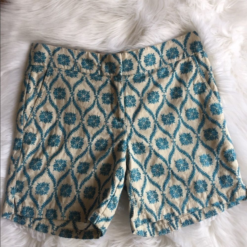 Ann Taylor Cream Shorts with Teal Medallion Print